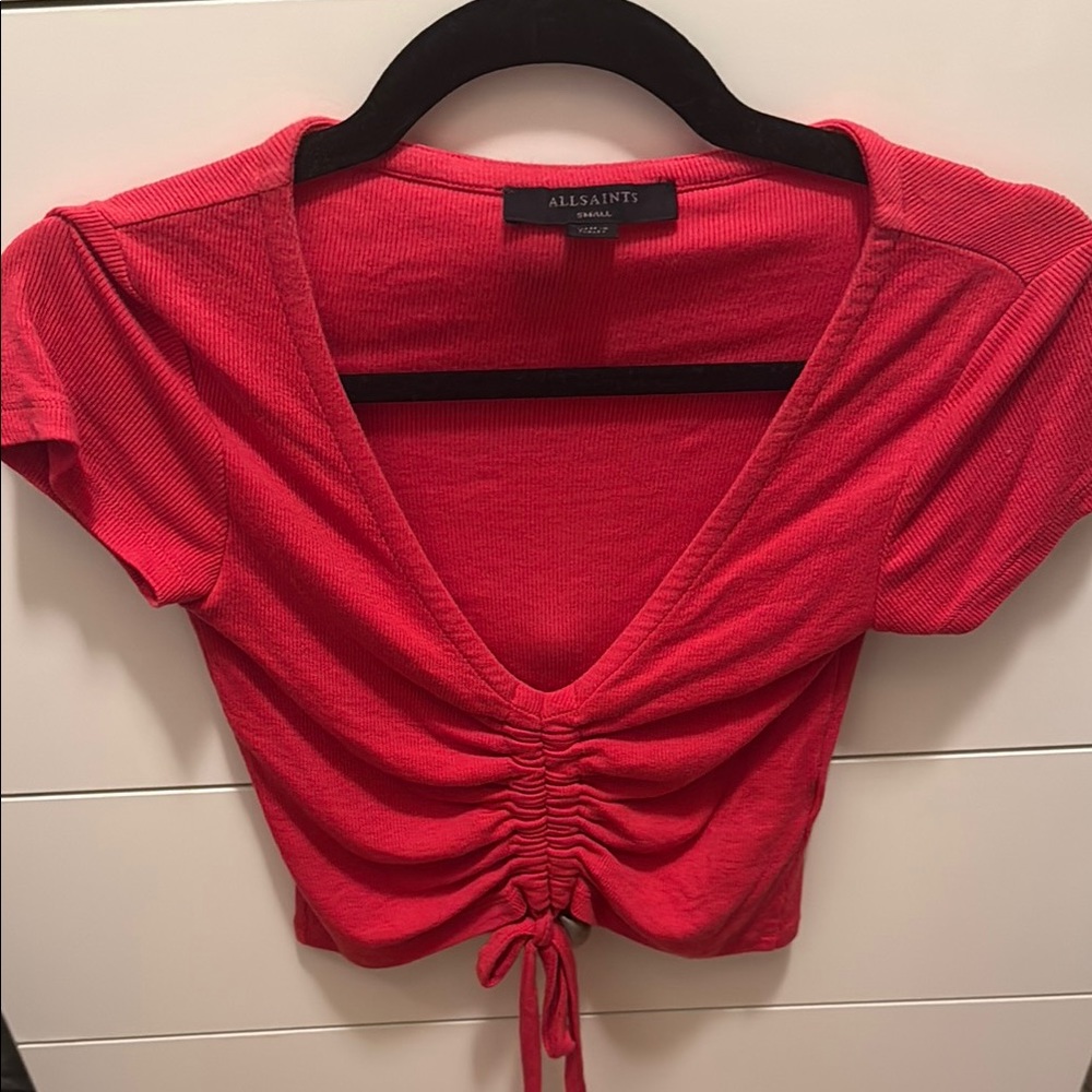All Saints Red Ruched Crop T-Shirt